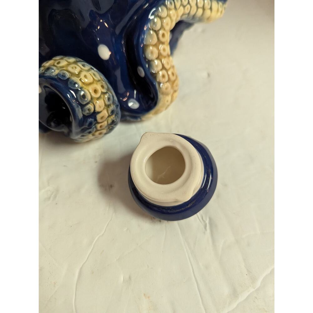 Blue Sky Claywork Blue Octopus Ceramic Teapot Polka Dot Nautical Coastal Novelty - Picture 8 of 8